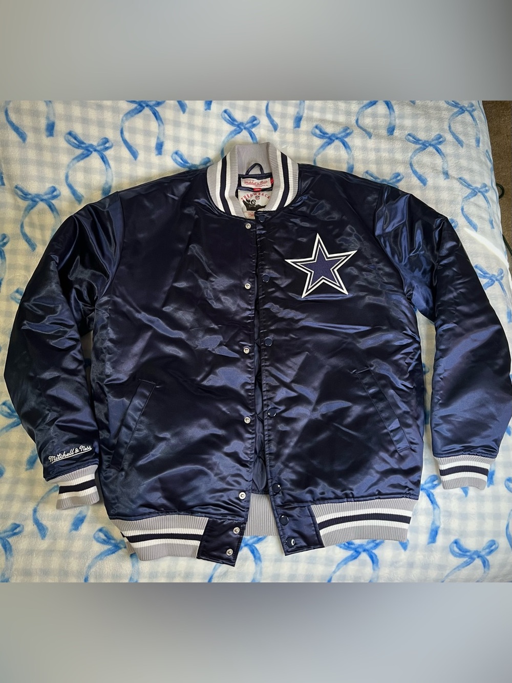 Mitchell & Ness Navy Dallas Cowboys Quilted Satin Bomber Jacket